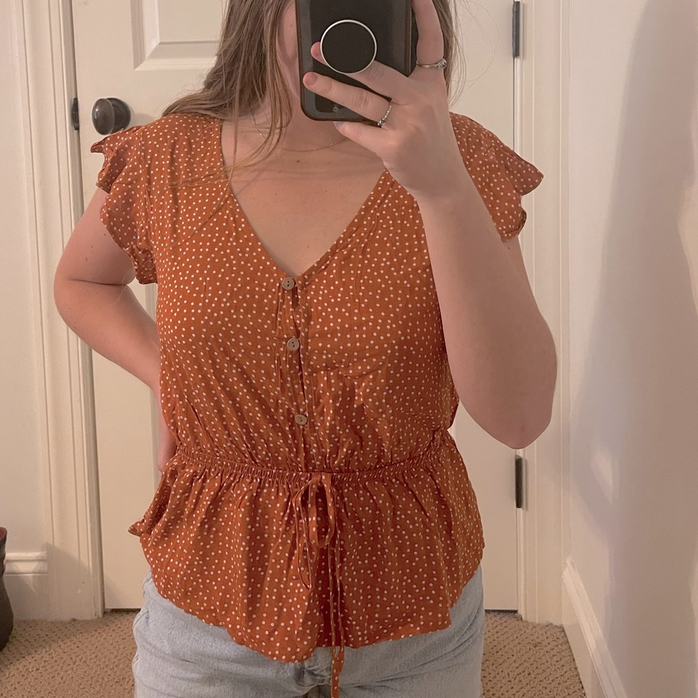 Orange Polka dot button down blouse